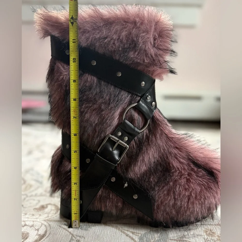 Dolls Kill Pink Faux Fur Platform Boots with Black Strap Details